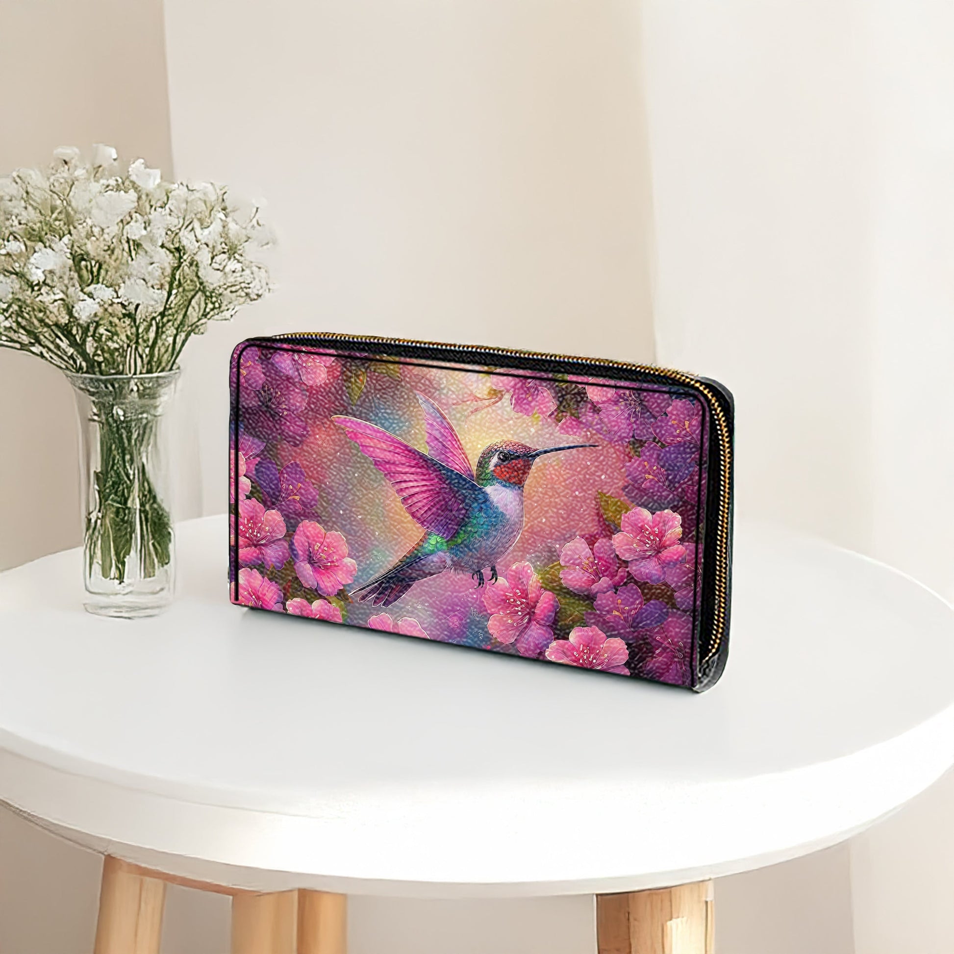  Leather Clutch Purse With Wristlet Strap Handle Blossom Hummingbird
