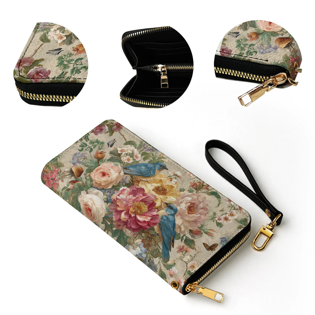  Leather Clutch Purse With Wristlet Strap Handle Bluebird Blossom