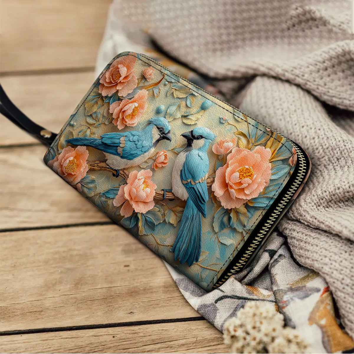  Leather Clutch Purse With Wristlet Strap Handle Bluebird Bliss