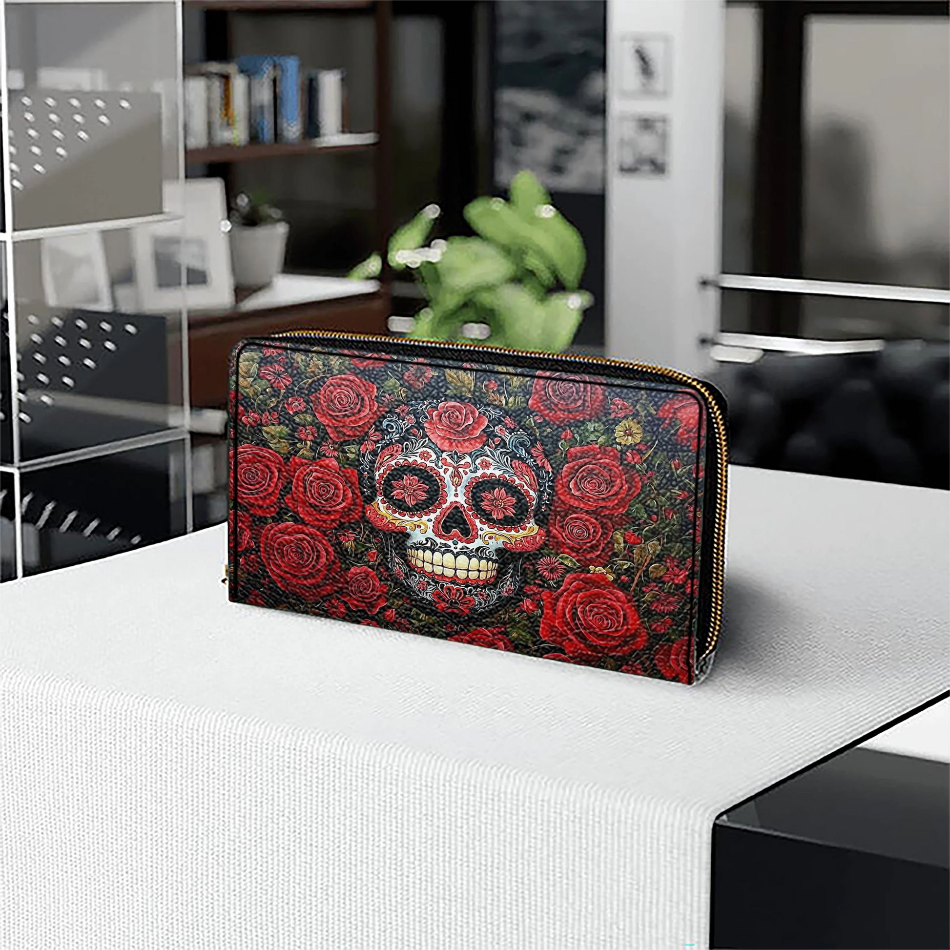  Leather Clutch Purse With Wristlet Strap Handle Roses & Sugar Skull Elegance