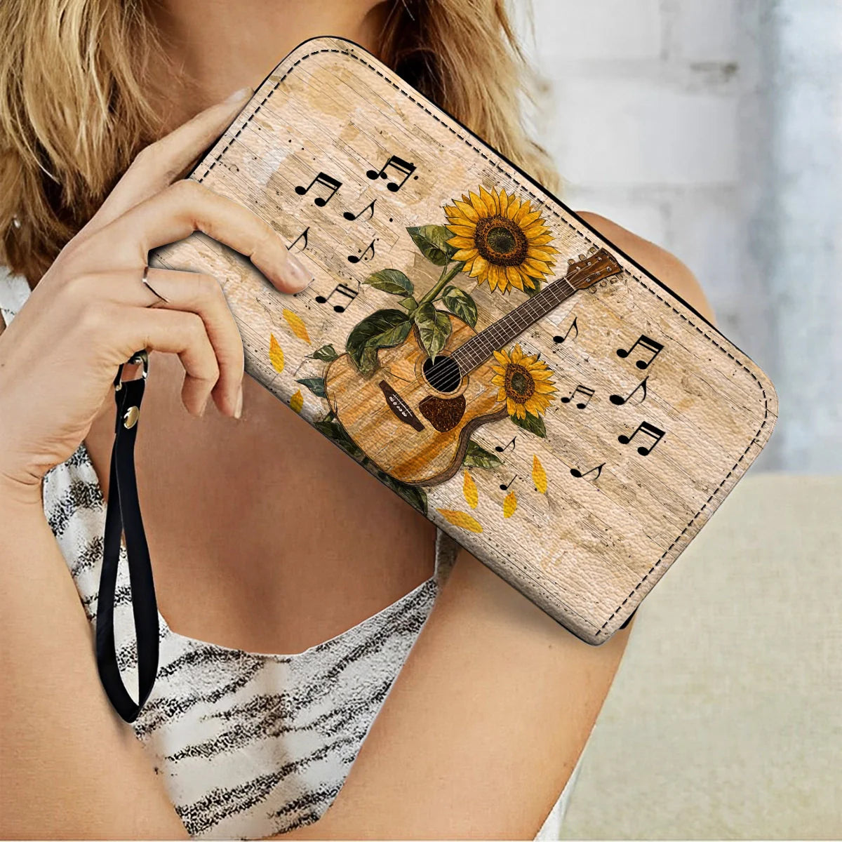  Leather Clutch Purse With Wristlet Strap Handle Sunflower Melody