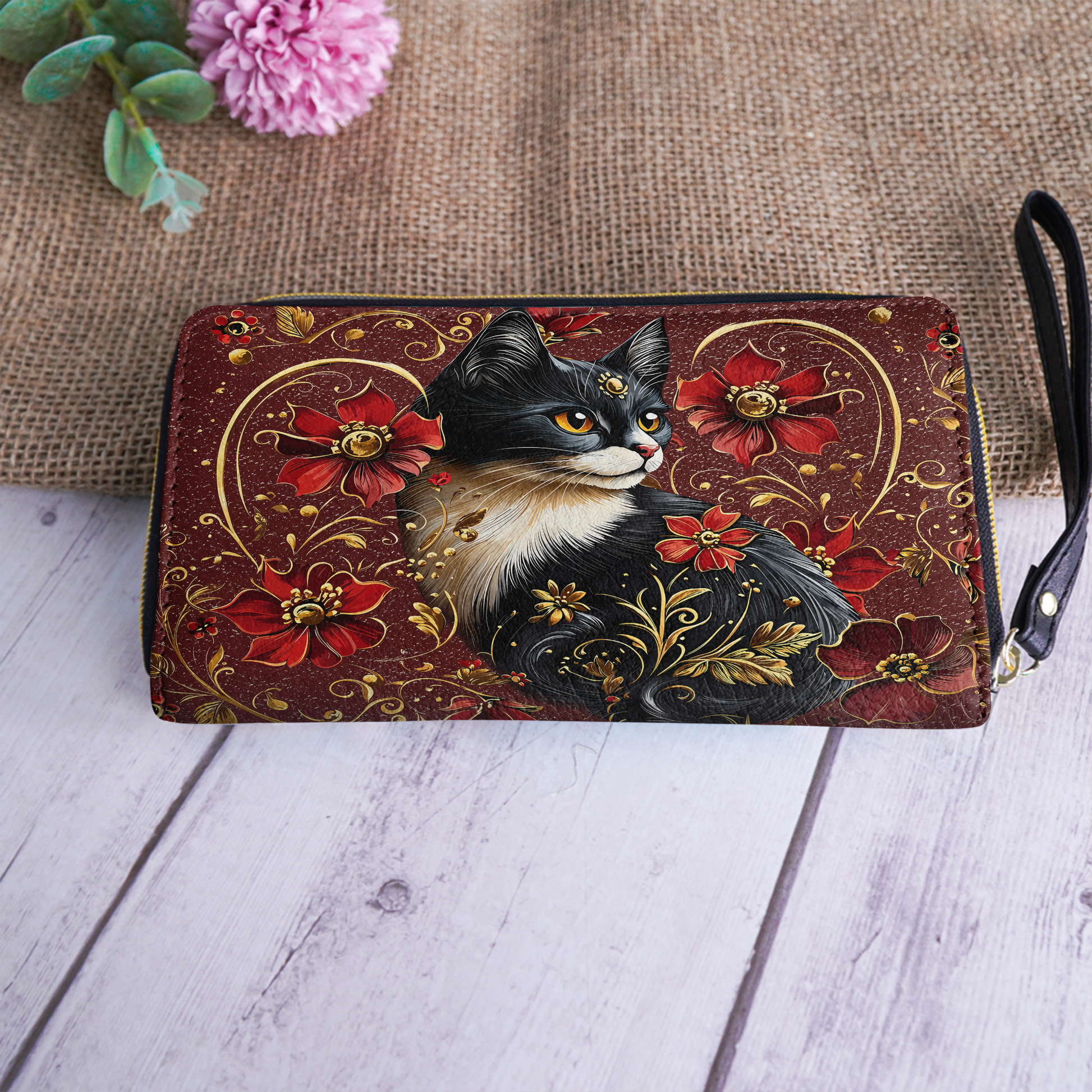  Leather Clutch Purse With Wristlet Strap Handle Leather Bag Midnight Bloom