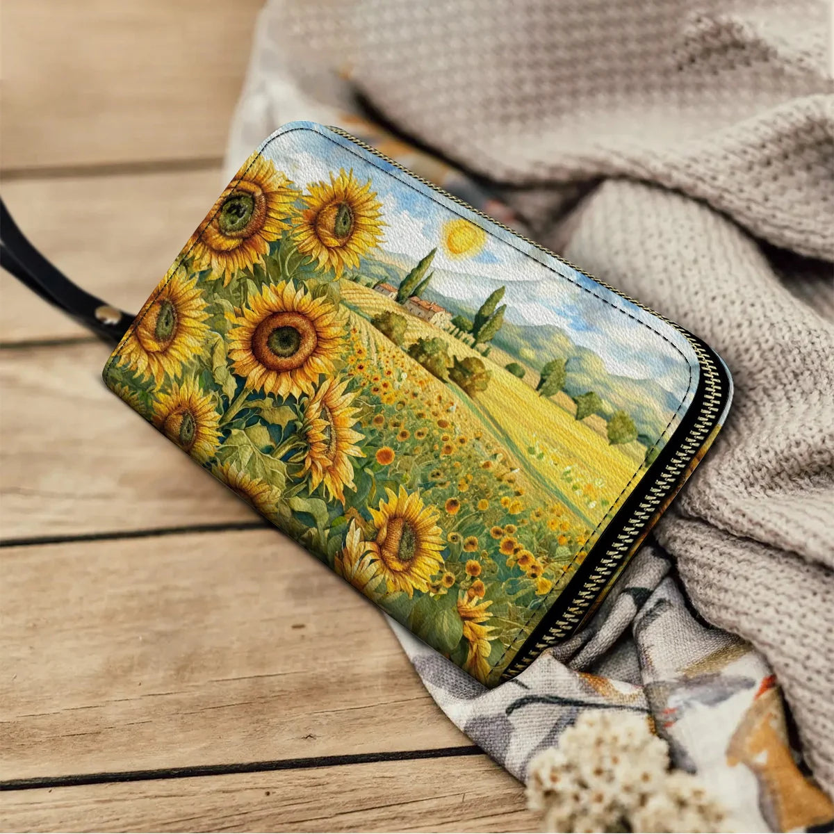  Leather Clutch Purse With Wristlet Strap Handle Sunflower Countryside Charm
