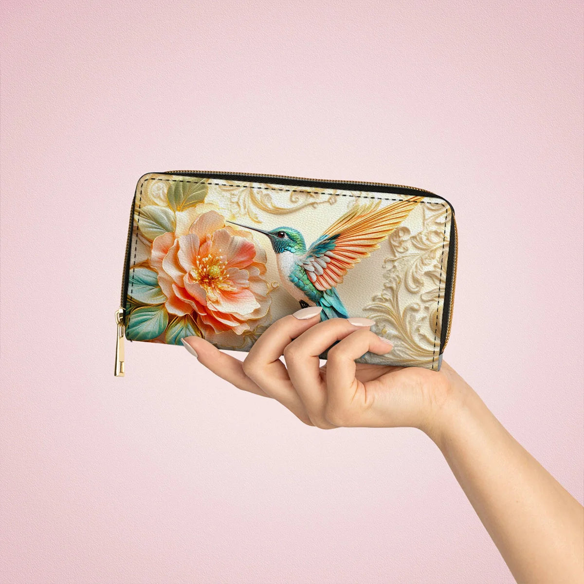  Leather Clutch Purse With Wristlet Strap Handle Golden Bloom Hummingbird