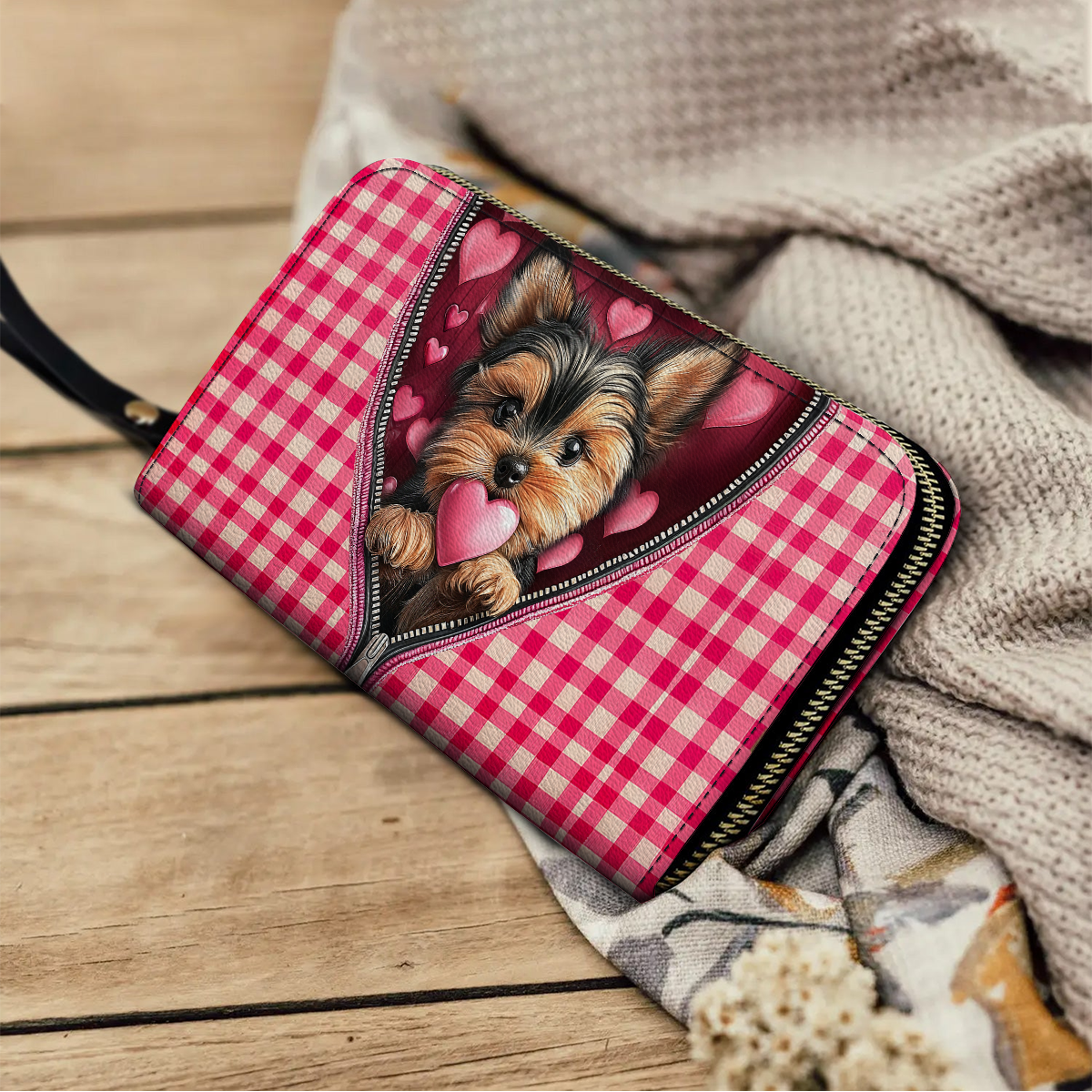  Leather Clutch Purse With Wristlet Strap Handle Yorkie Sweetheart