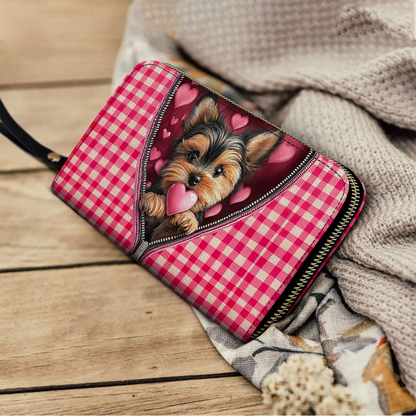  Leather Clutch Purse With Wristlet Strap Handle Yorkie Sweetheart