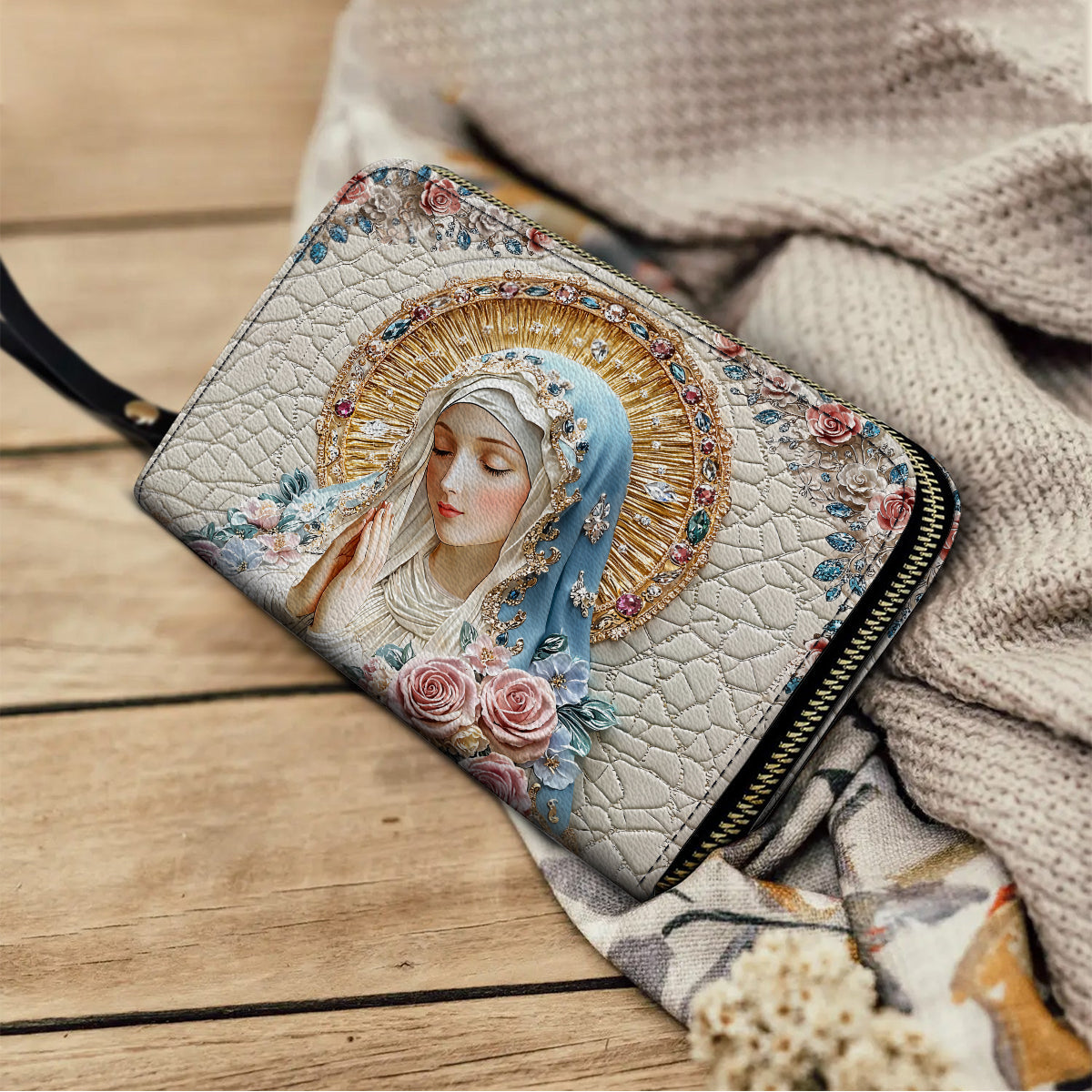  Leather Clutch Purse With Wristlet Strap Handle Divine Elegance Virgin Mary
