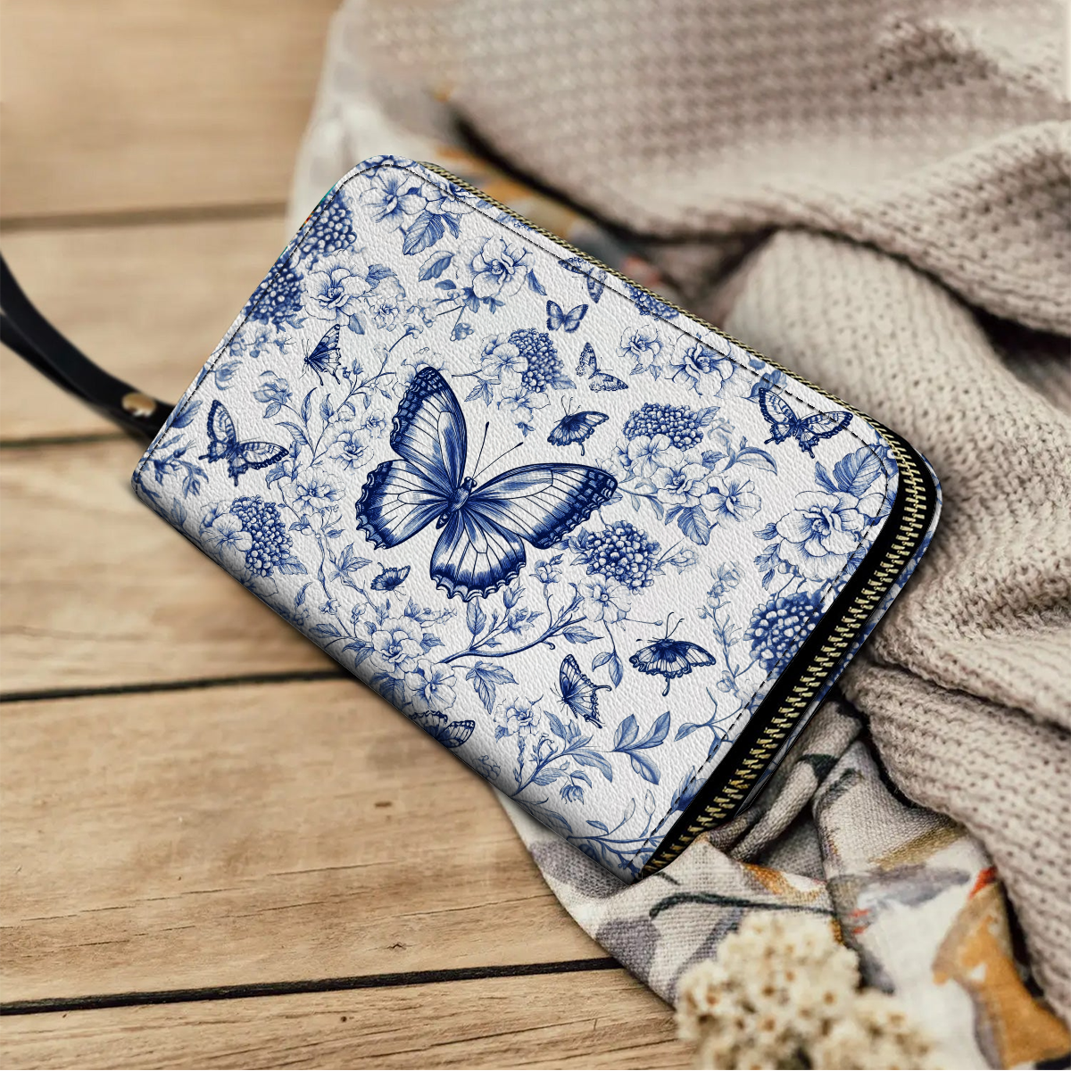  Leather Clutch Purse With Wristlet Strap Handle Papillon Reverie Toile