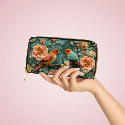  Leather Clutch Purse With Wristlet Strap Handle Whispering Lovebirds