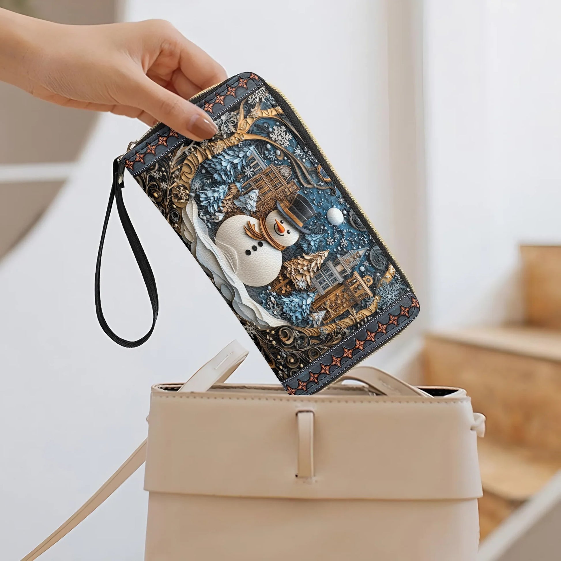  Leather Clutch Purse With Wristlet Strap Handle Frosty Night Cheer