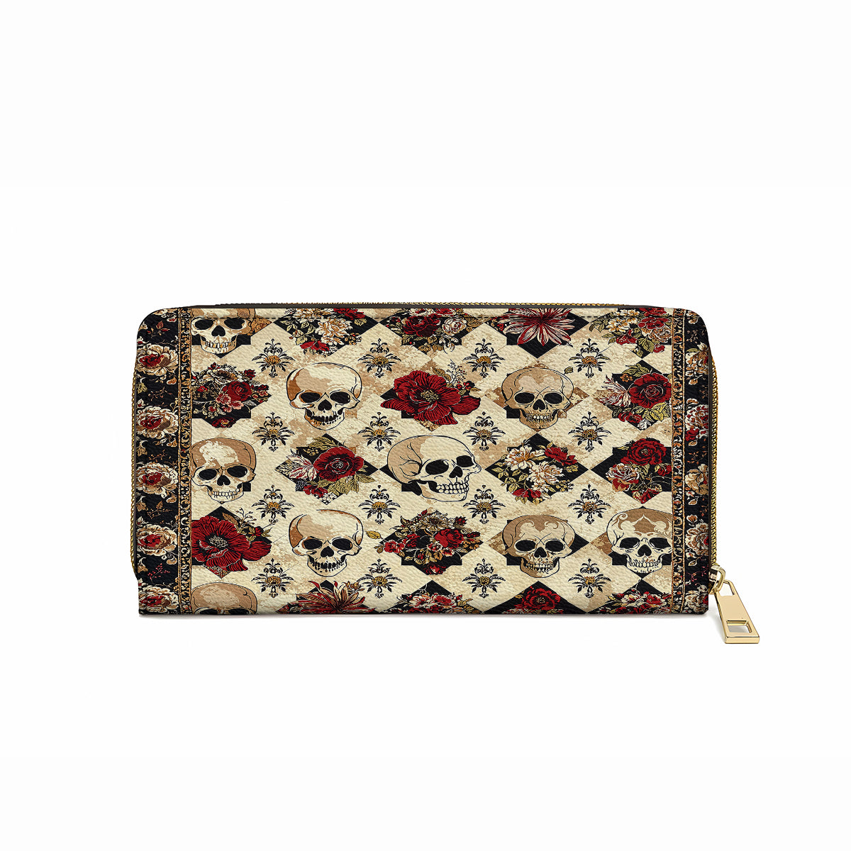  Leather Clutch Purse With Wristlet Strap Handle Elegant Skull Roses