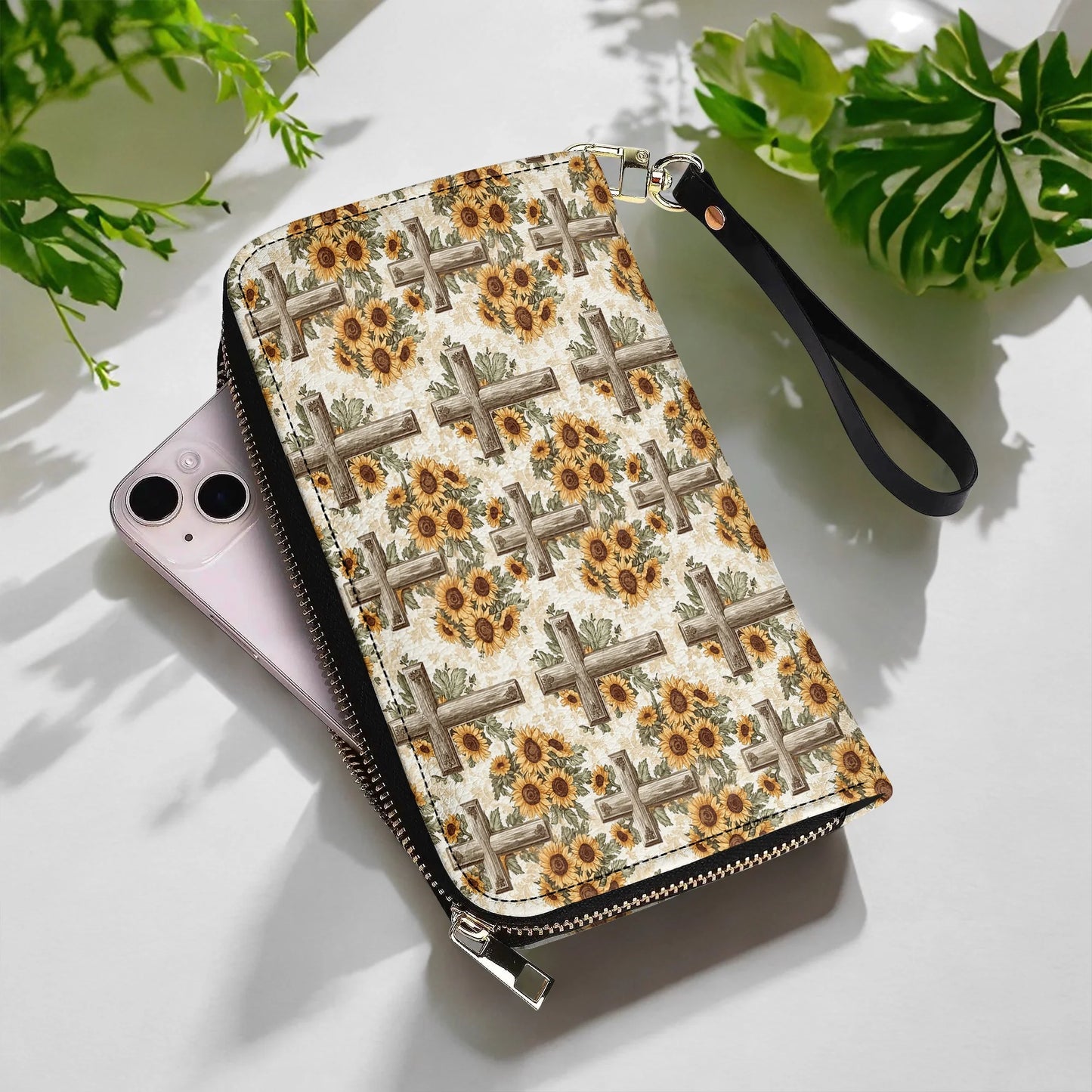  Leather Clutch Purse With Wristlet Strap Handle Rustic Sunflower Cross