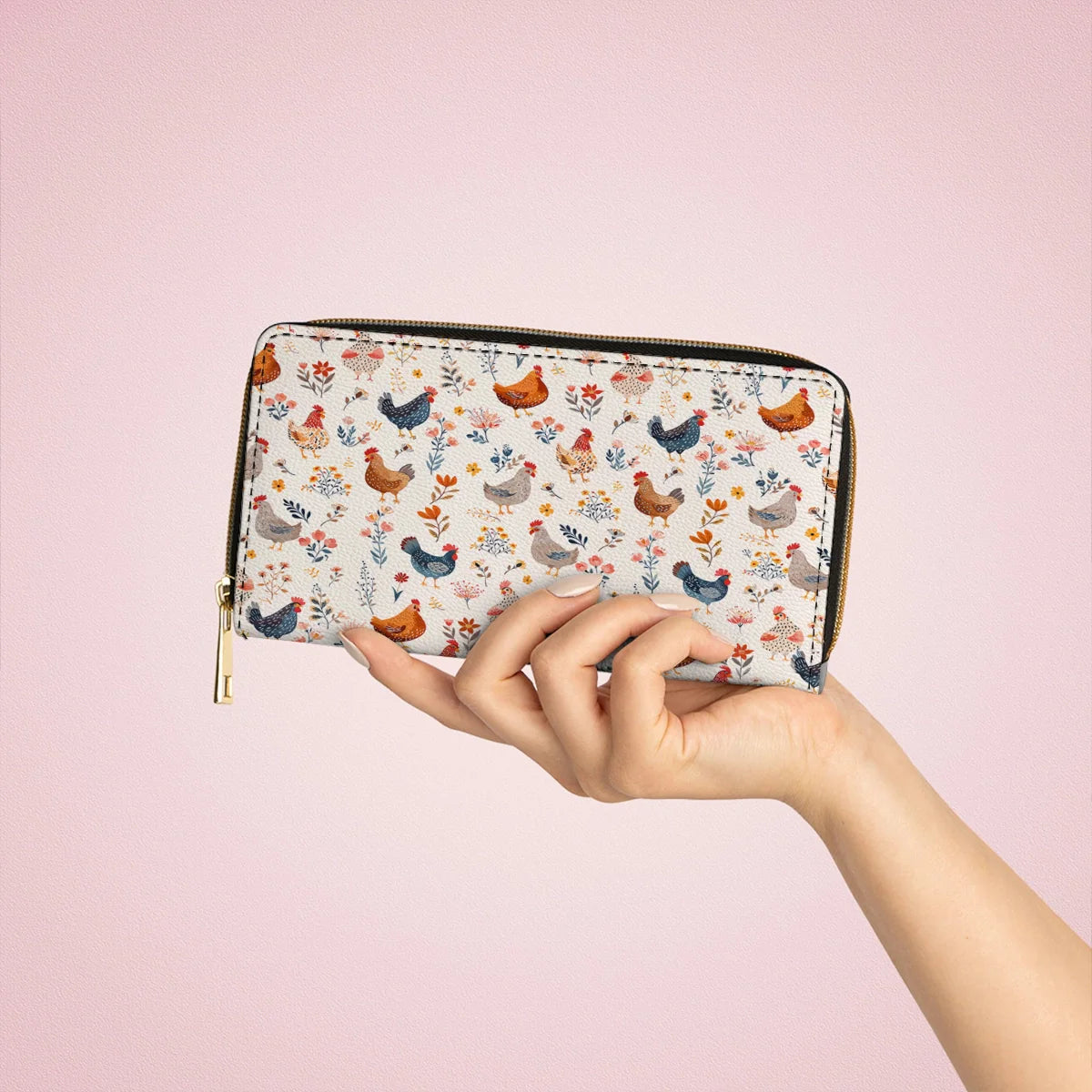  Leather Clutch Purse With Wristlet Strap Handle Chicken Flower