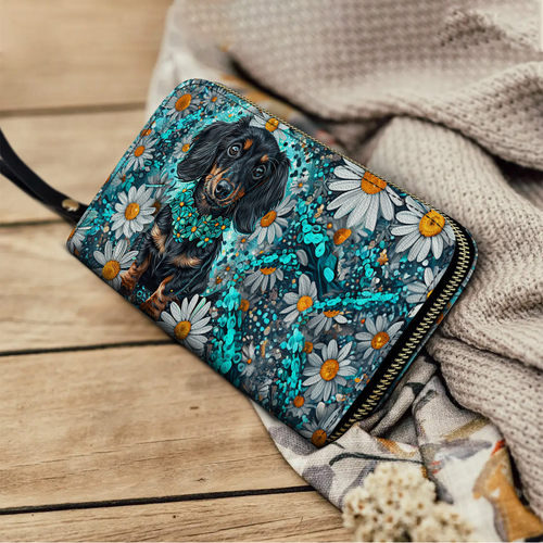  Leather Clutch Purse With Wristlet Strap Handle Dachshund Daisy