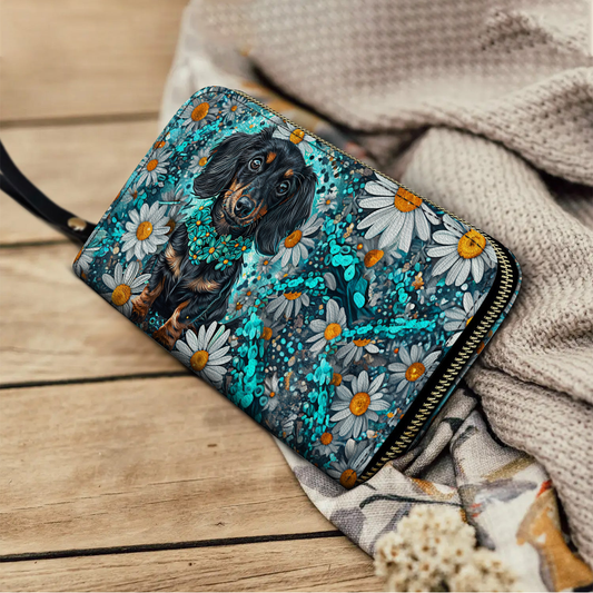  Leather Clutch Purse With Wristlet Strap Handle Dachshund Daisy