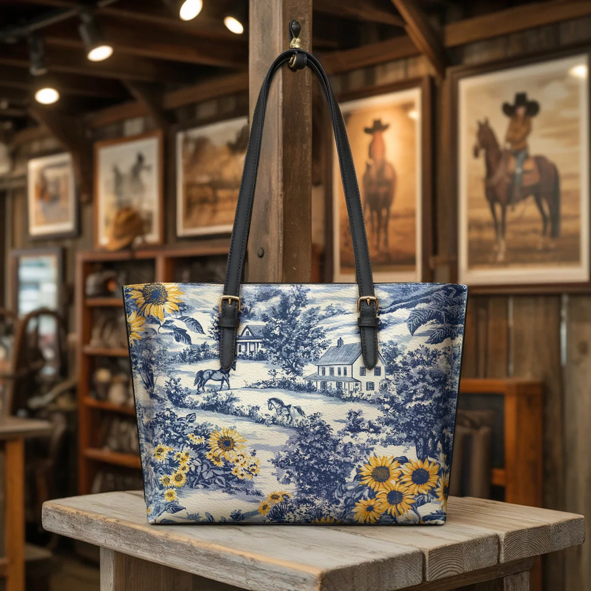  Toile Sunflower Prairie Leather Tote Bag