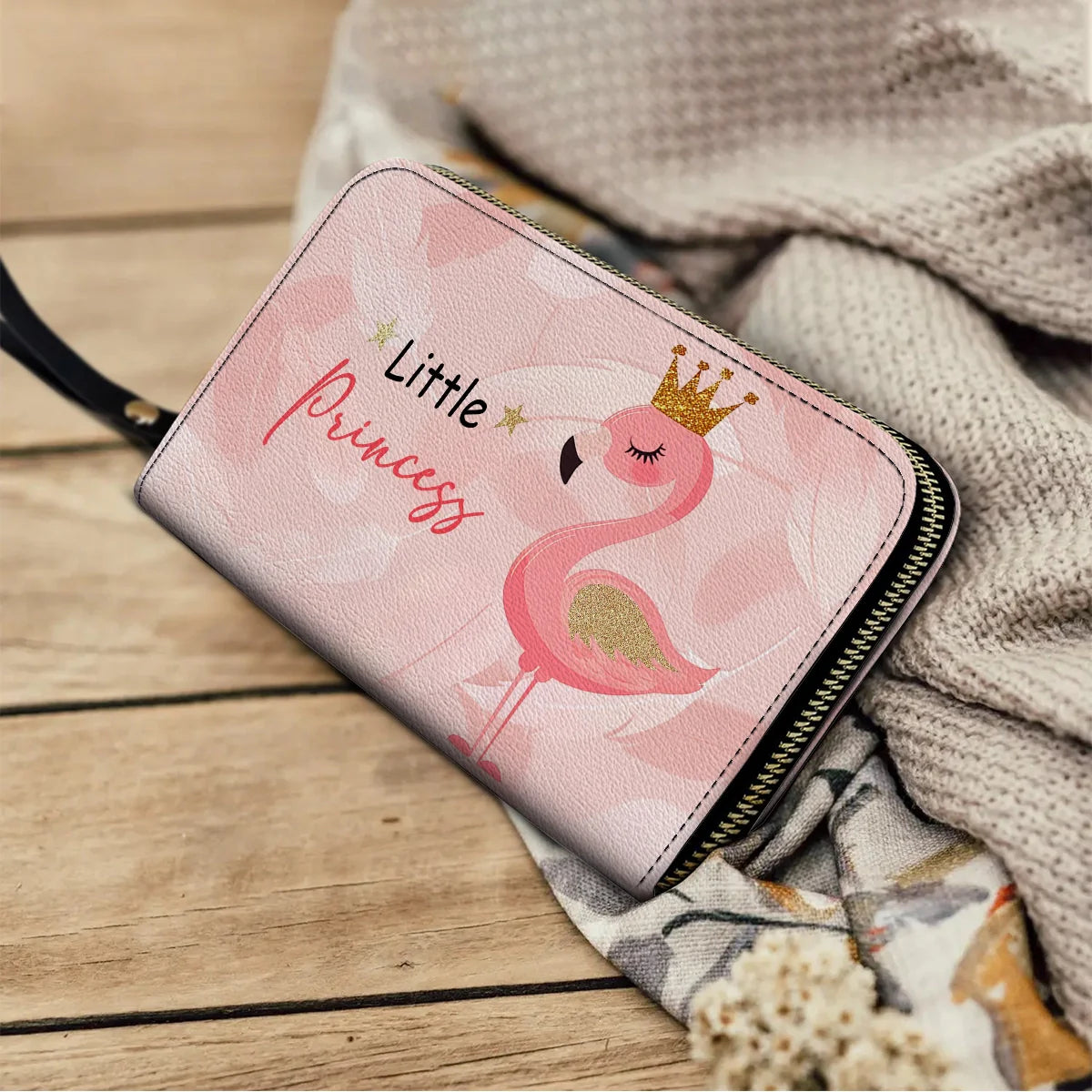  Leather Clutch Purse With Wristlet Strap Handle Little Princess Flamingo