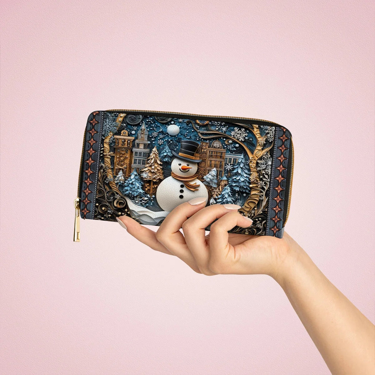  Leather Clutch Purse With Wristlet Strap Handle Frosty Night Cheer