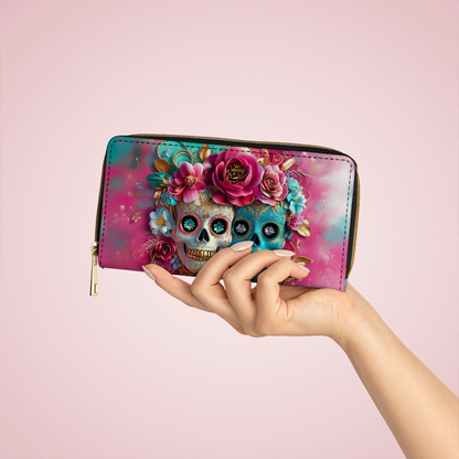  Leather Clutch Purse With Wristlet Strap Handle Sugar Skull Love