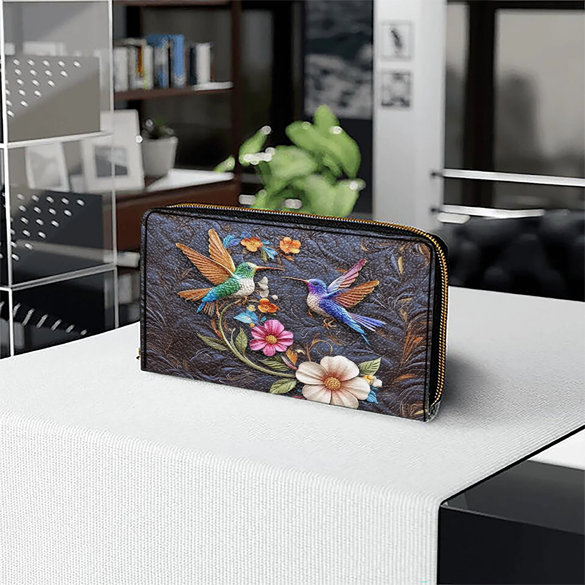  Leather Clutch Purse With Wristlet Strap Handle Hummingbird Dream