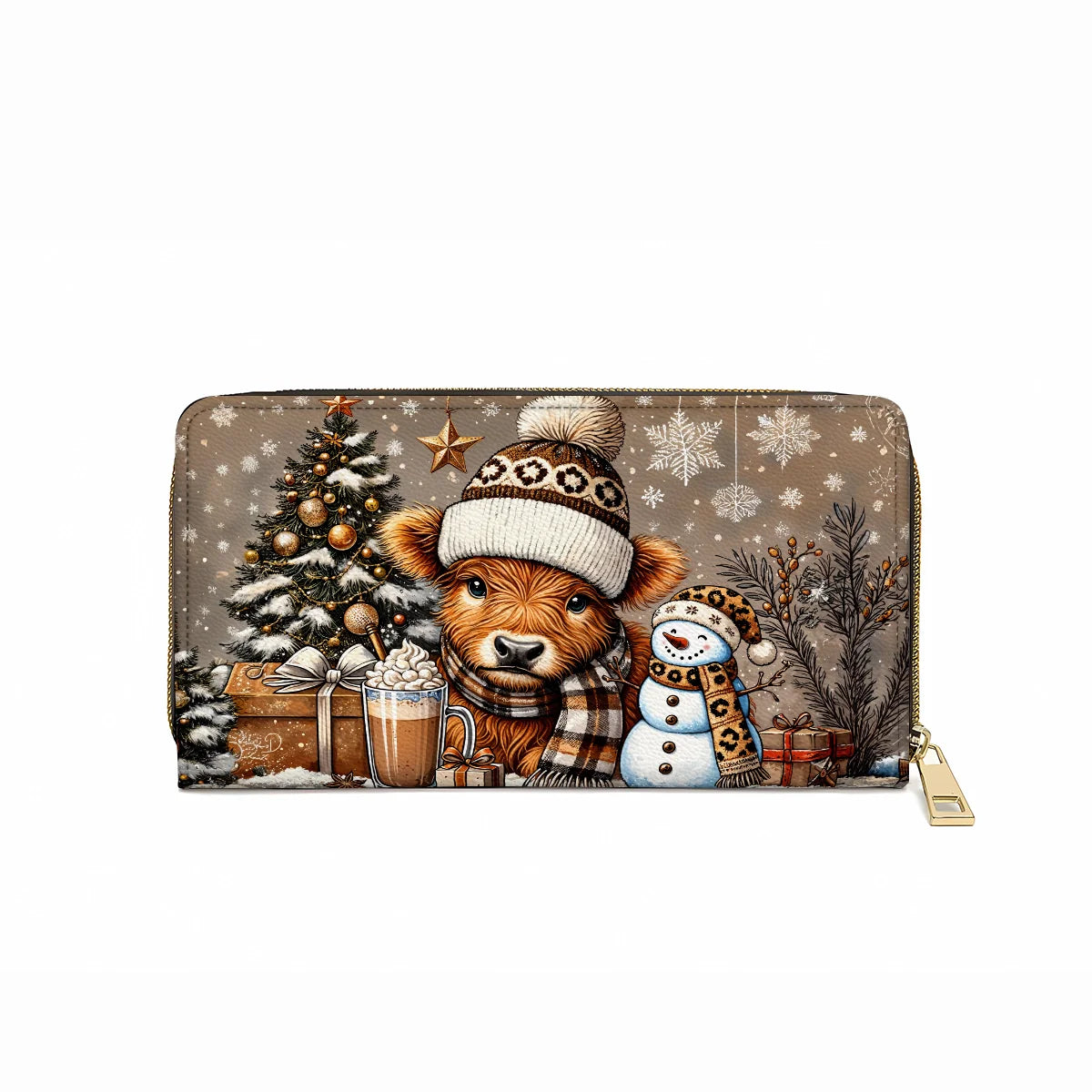  Leather Clutch Purse With Wristlet Strap Handle Cozy Cow Winter Wonderland Edition