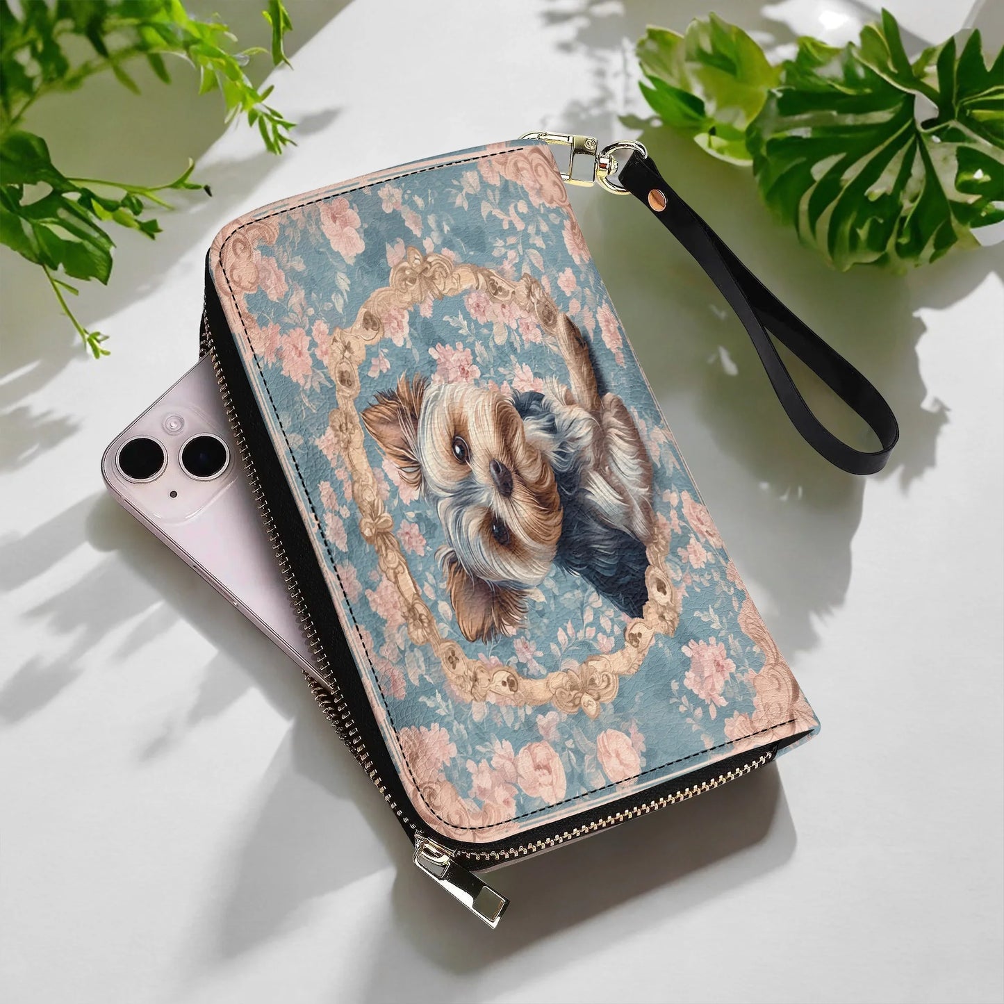  Leather Clutch Purse With Wristlet Strap Handle Yorkie Blossom Elegance