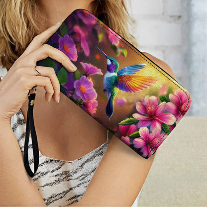  Leather Clutch Purse With Wristlet Strap Handle Enchanted Hummingbird