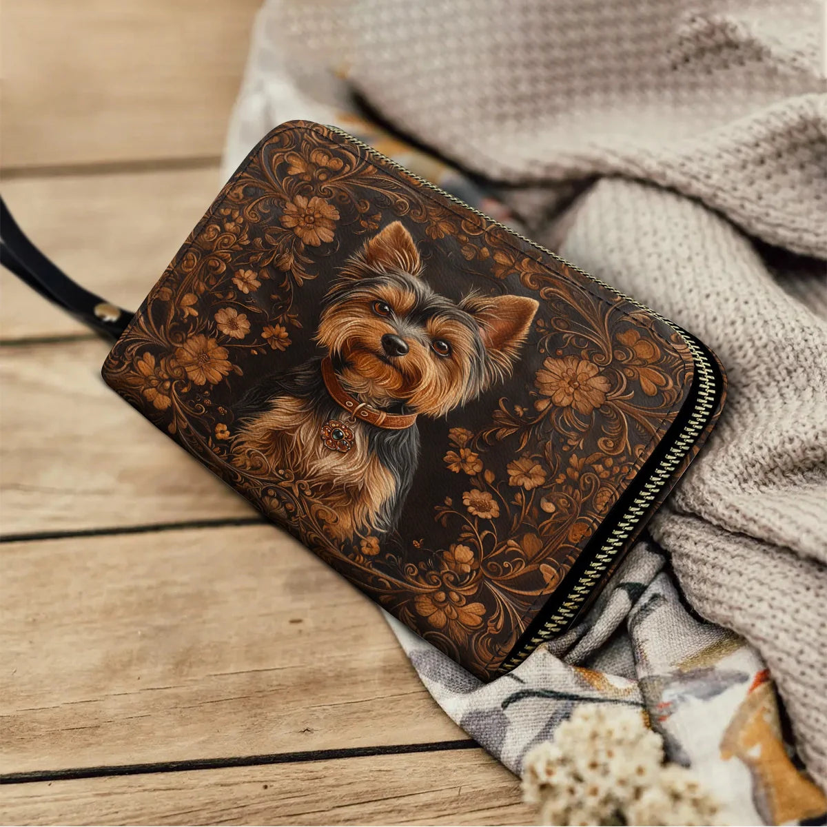  Leather Clutch Purse With Wristlet Strap Handle Timeless Yorkie Charm