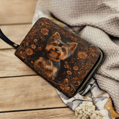  Leather Clutch Purse With Wristlet Strap Handle Timeless Yorkie Charm