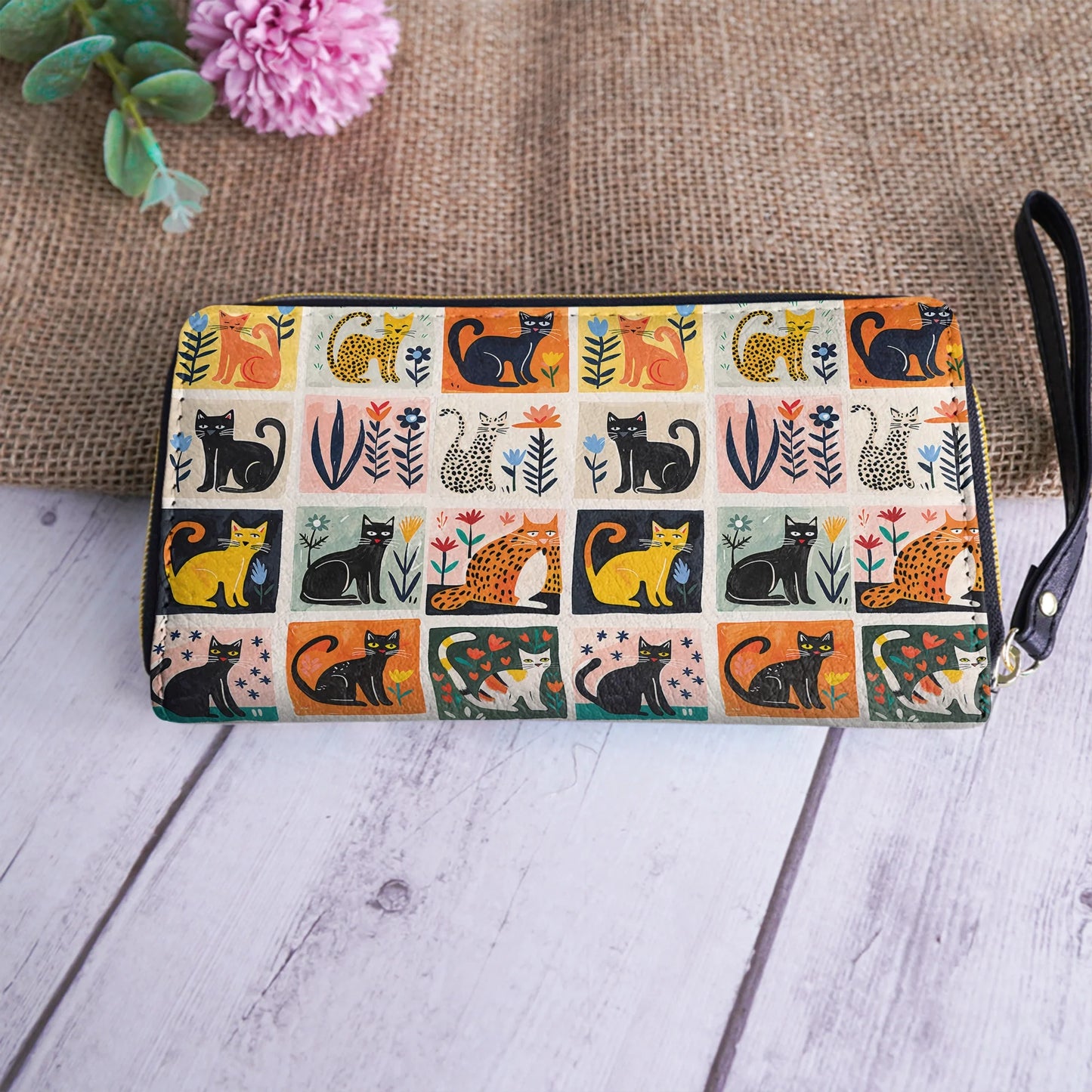  Leather Clutch Purse With Wristlet Strap Handle Cat Fantasy Garden