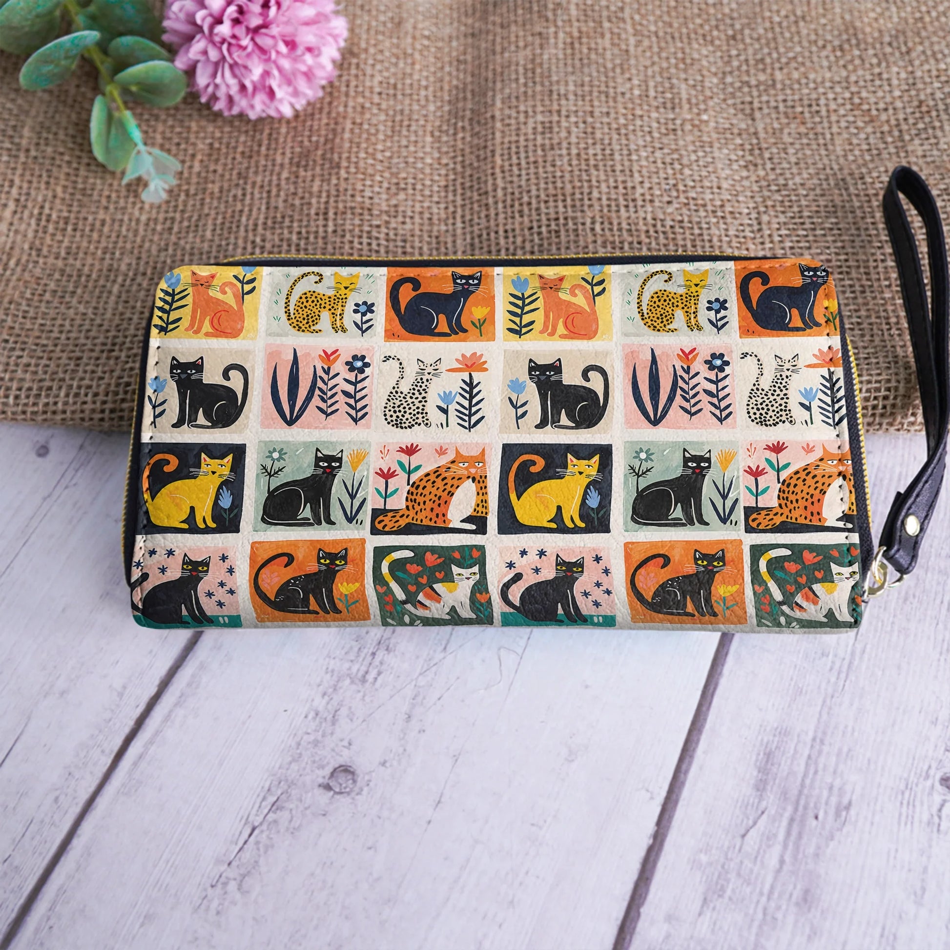  Leather Clutch Purse With Wristlet Strap Handle Cat Fantasy Garden