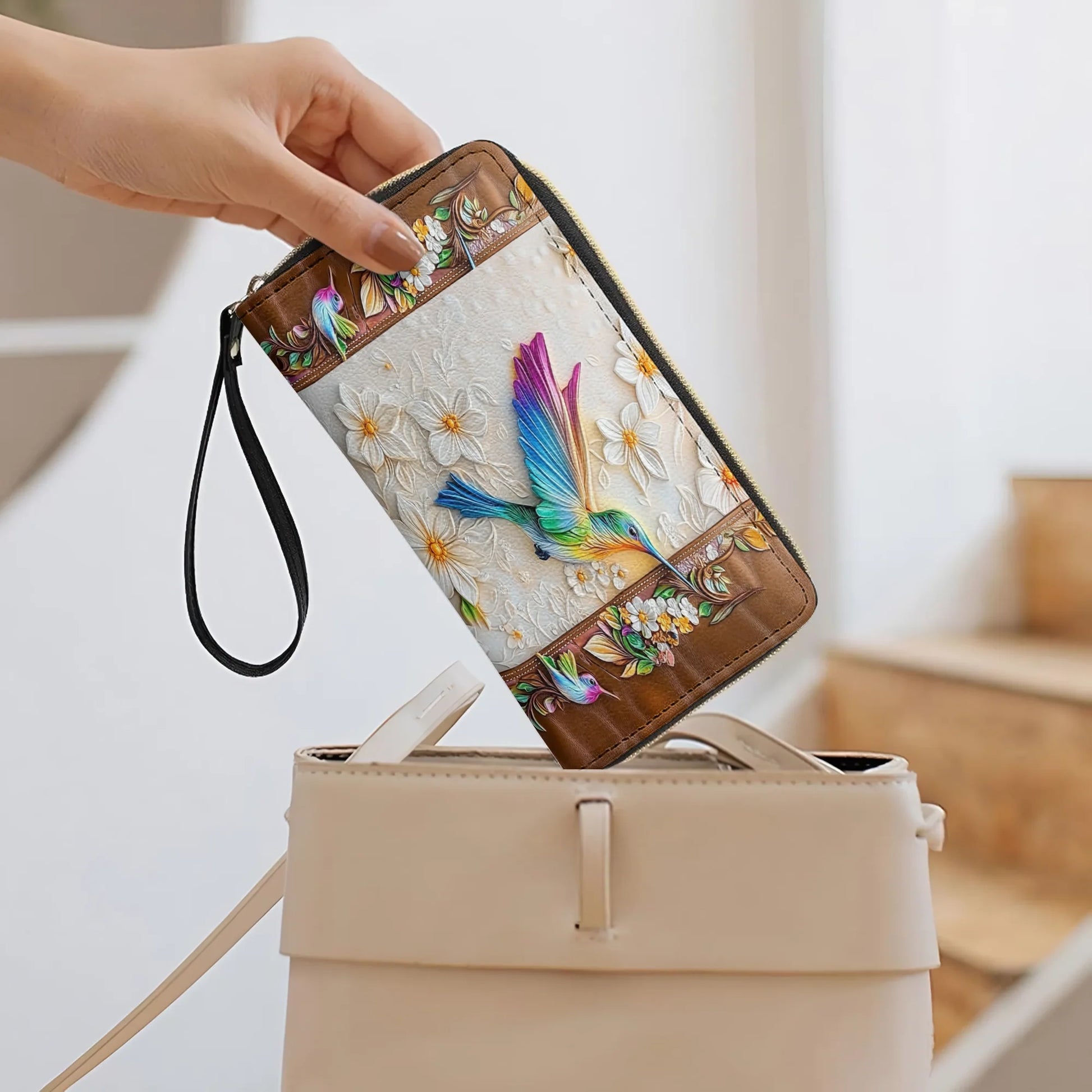  Leather Clutch Purse With Wristlet Strap Handle Fluttering Blooms