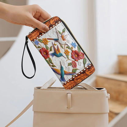  Leather Clutch Purse With Wristlet Strap Handle Hummingbird Blossom Flight