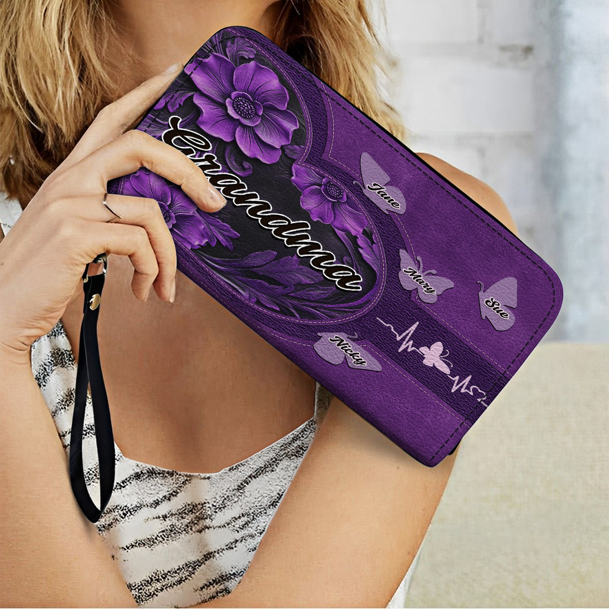  Leather Clutch Purse With Wristlet Strap Handle Eternal Love Grandma Butterfly