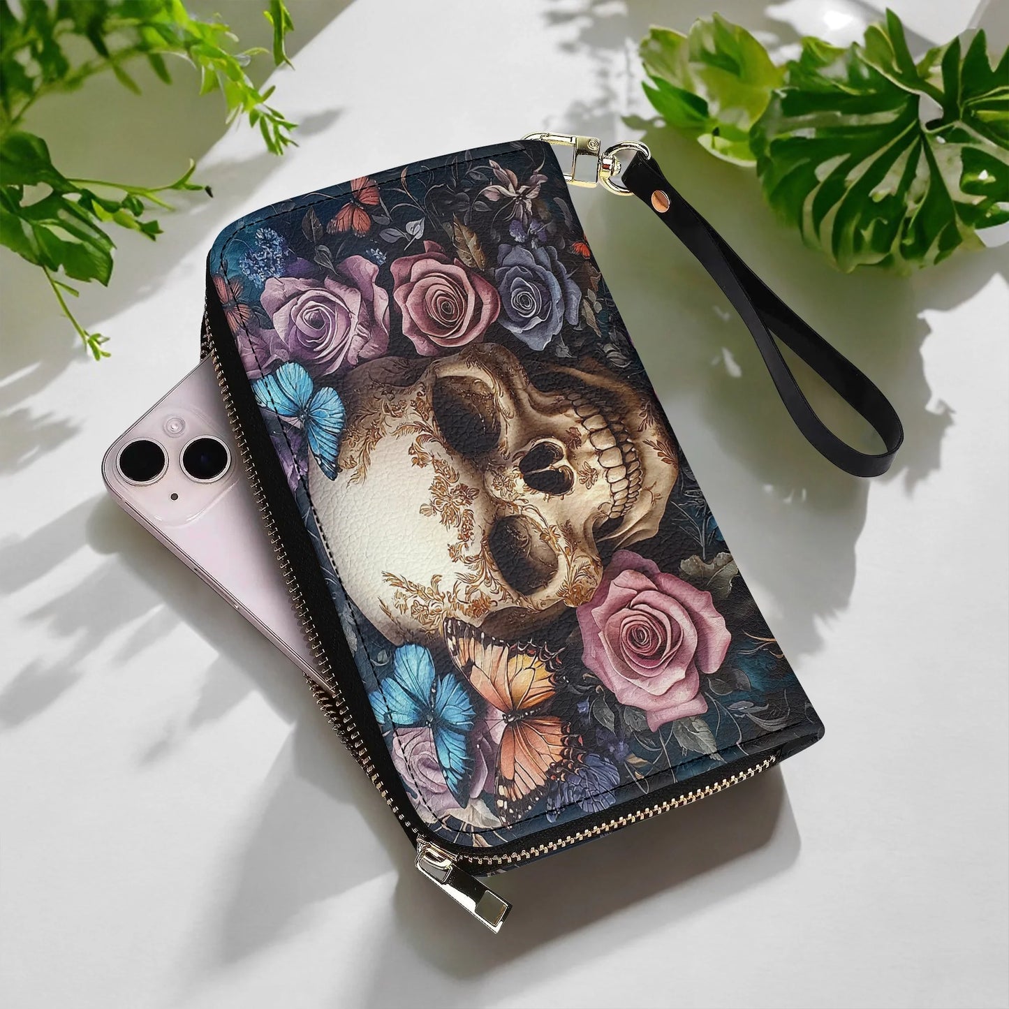  Leather Clutch Purse With Wristlet Strap Handle Skull Eternal Serenade
