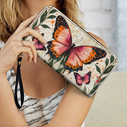  Leather Clutch Purse With Wristlet Strap Handle Winged Elegance