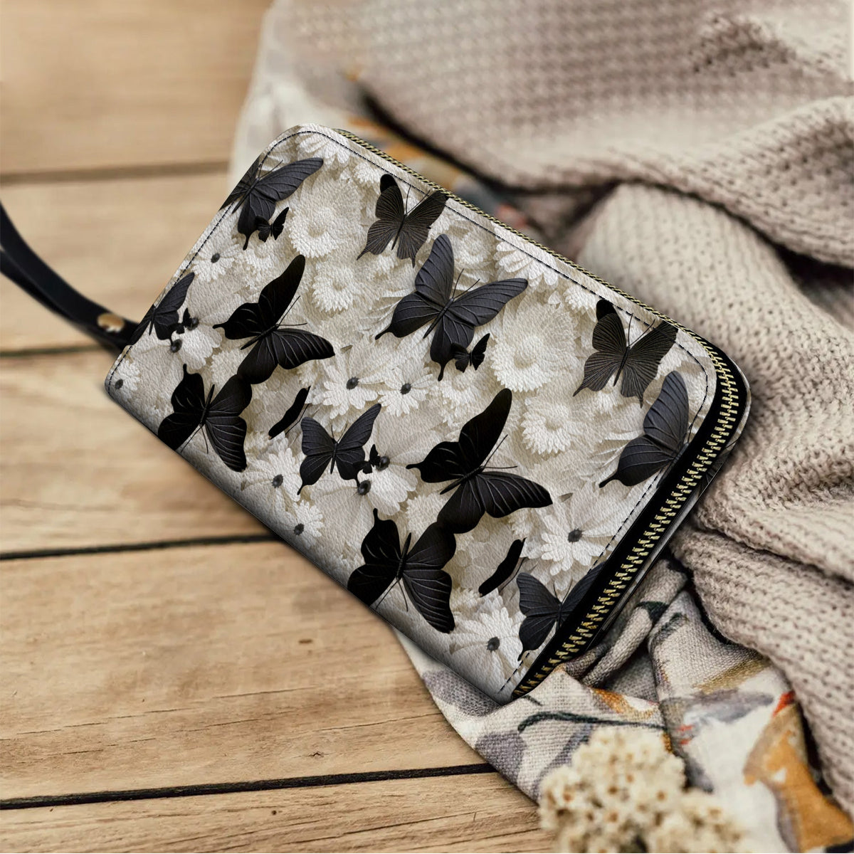  Leather Clutch Purse With Wristlet Strap Handle Black Butterfly