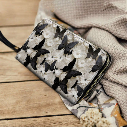  Leather Clutch Purse With Wristlet Strap Handle Black Butterfly