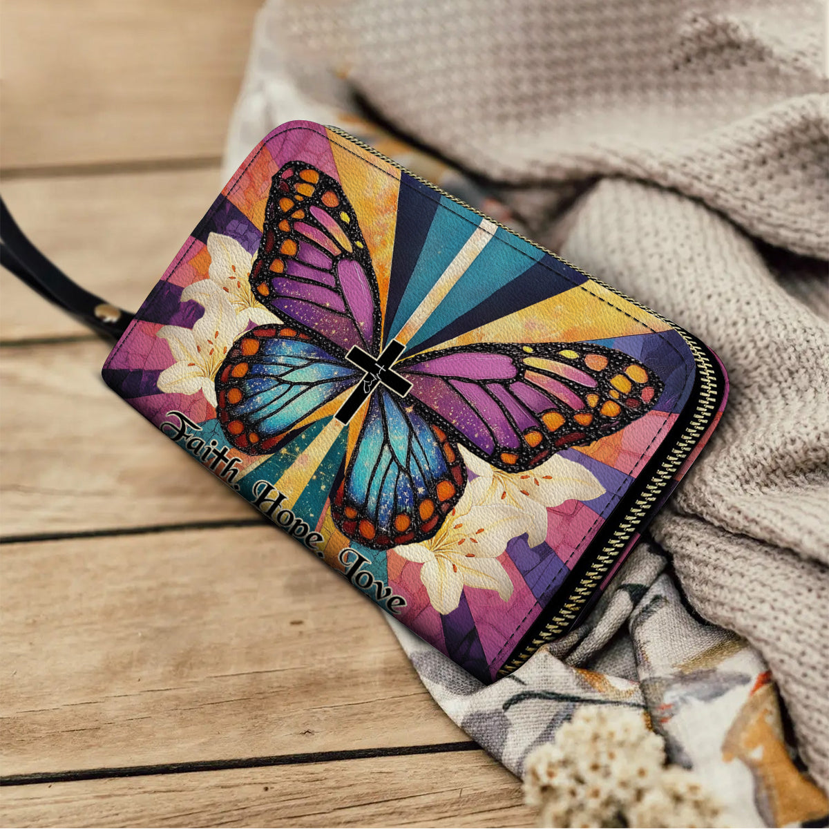  Leather Clutch Purse With Wristlet Strap Handle Wings Of Faith