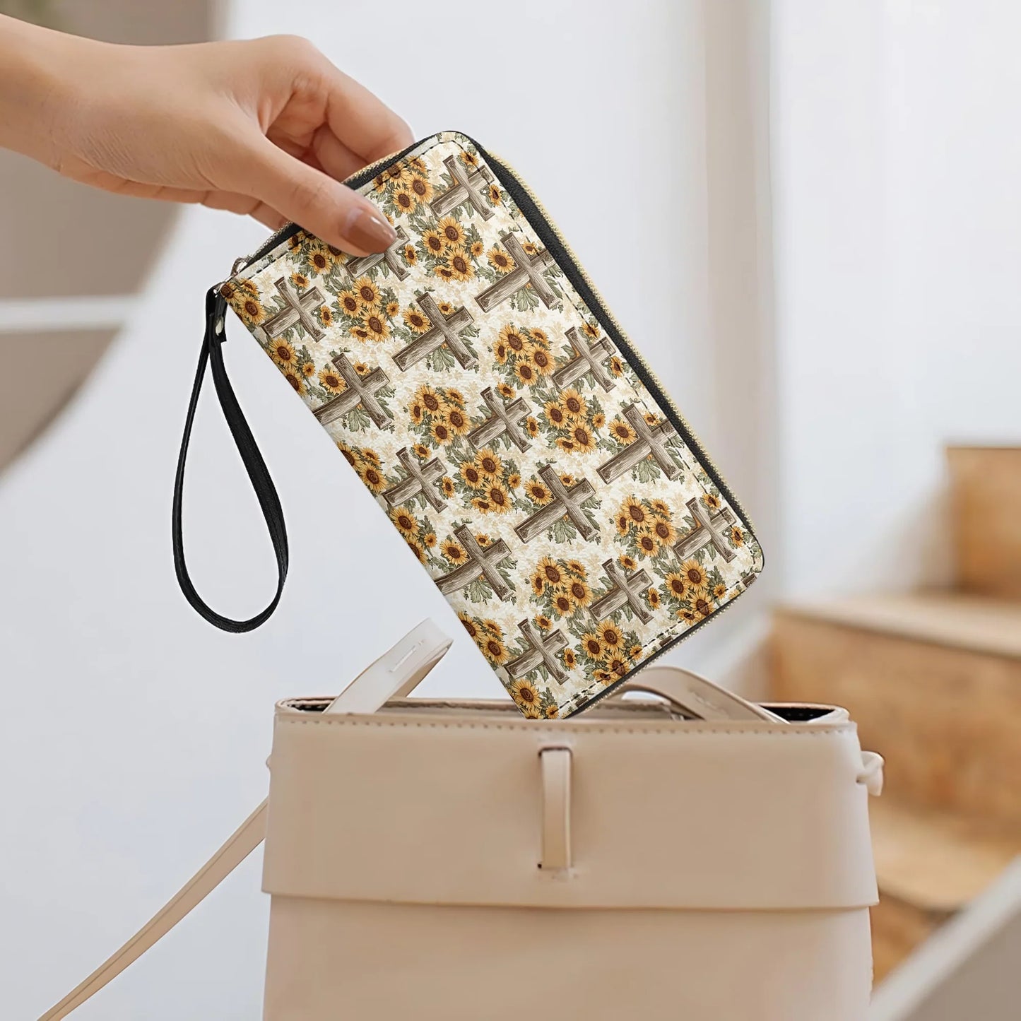  Leather Clutch Purse With Wristlet Strap Handle Rustic Sunflower Cross