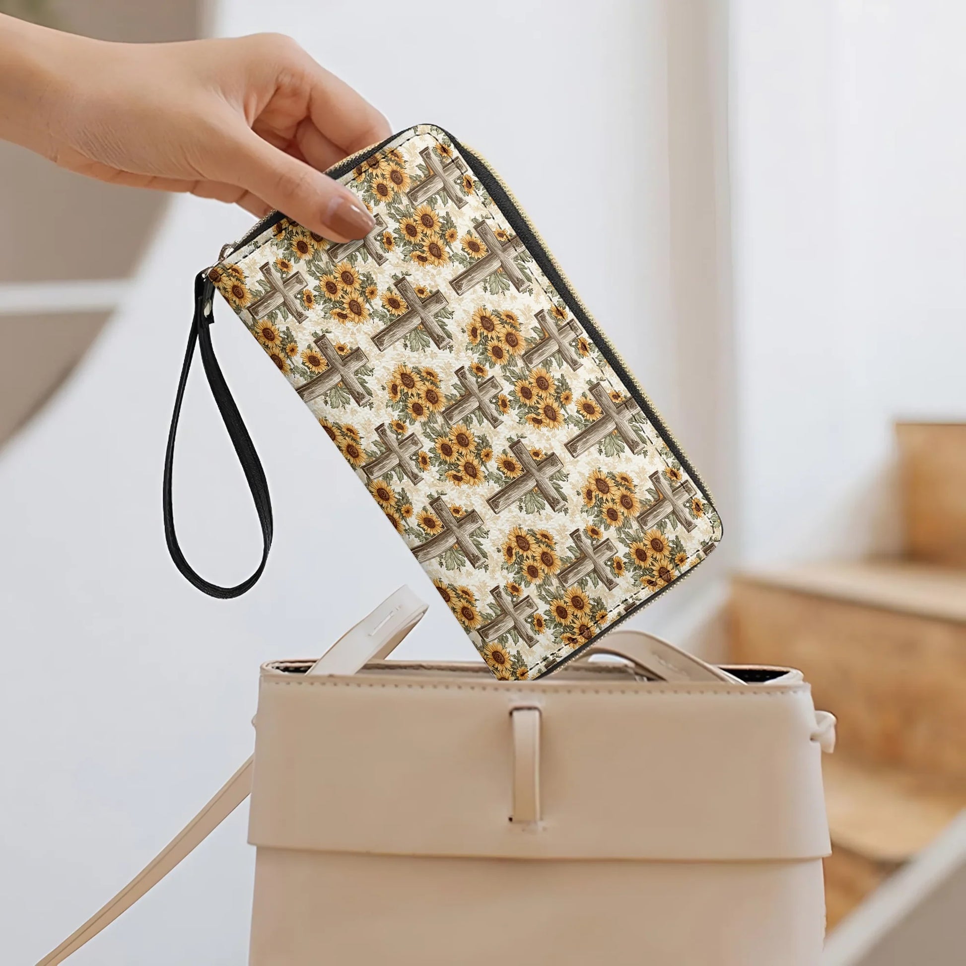 Leather Clutch Purse With Wristlet Strap Handle Rustic Sunflower Cross