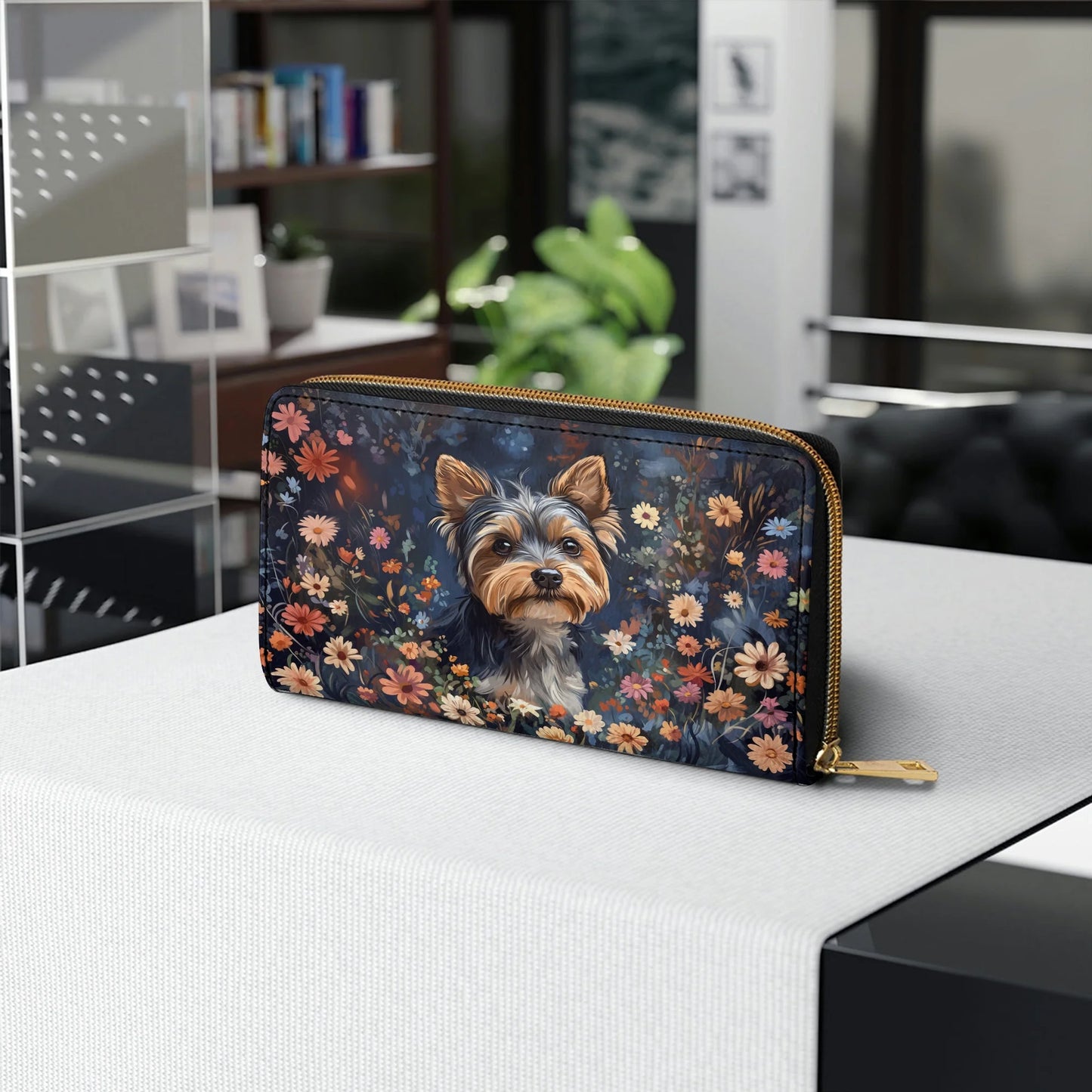  Leather Clutch Purse With Wristlet Strap Handle Enchanted Yorkie Bloom