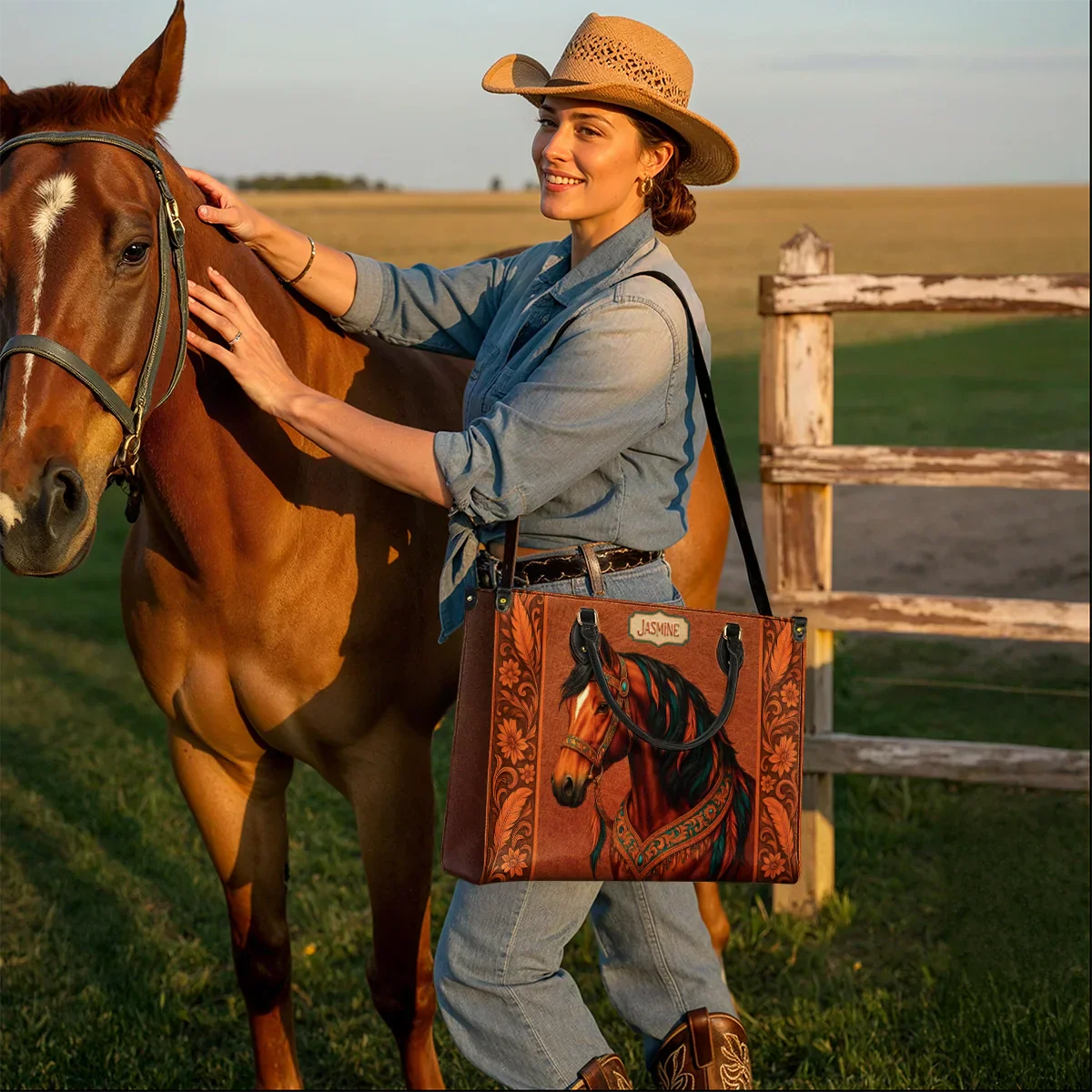  Personalized Regal Horse Bloom Leather Bag