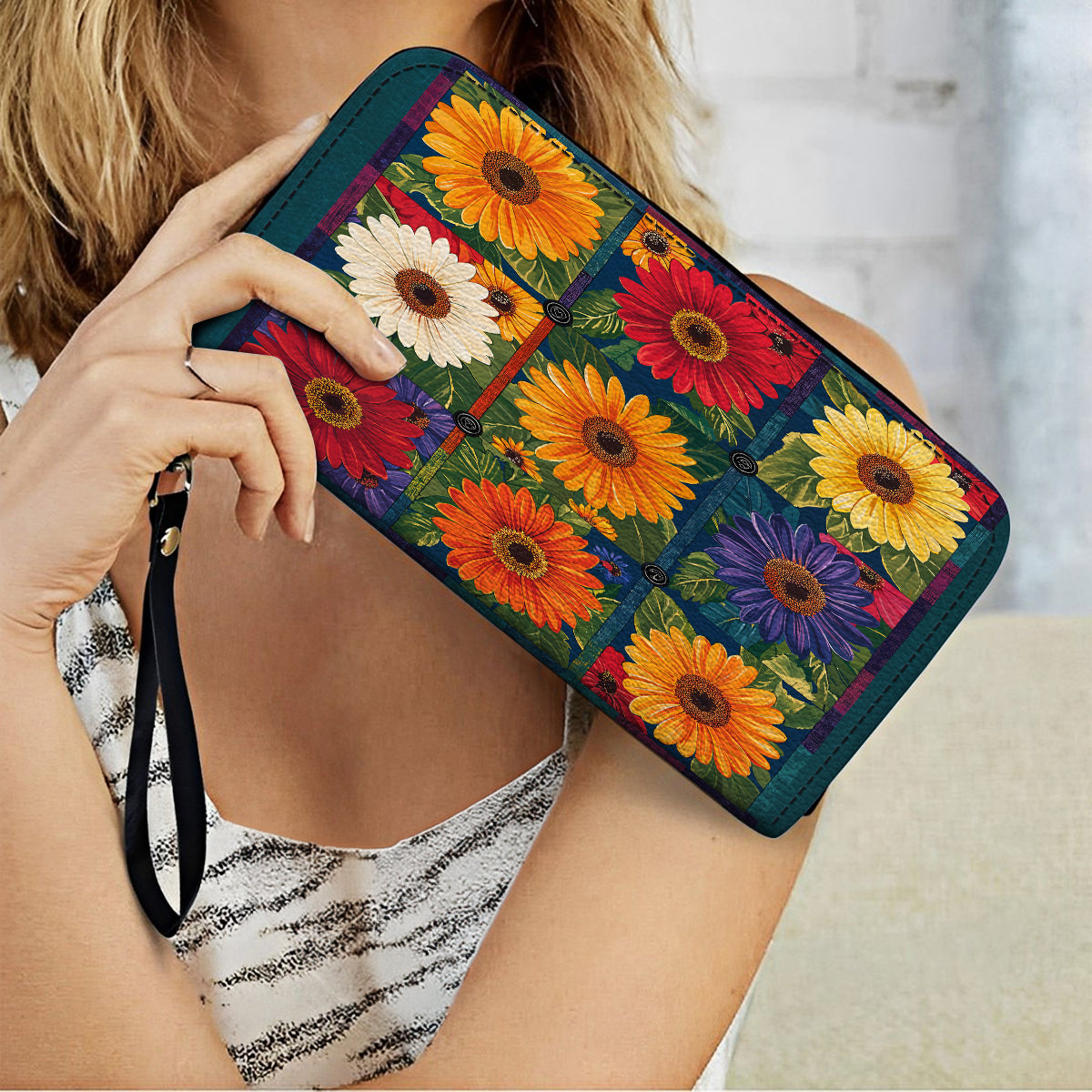  Leather Clutch Purse With Wristlet Strap Handle Vibrant Daisy Patch
