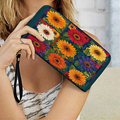  Leather Clutch Purse With Wristlet Strap Handle Vibrant Daisy Patch
