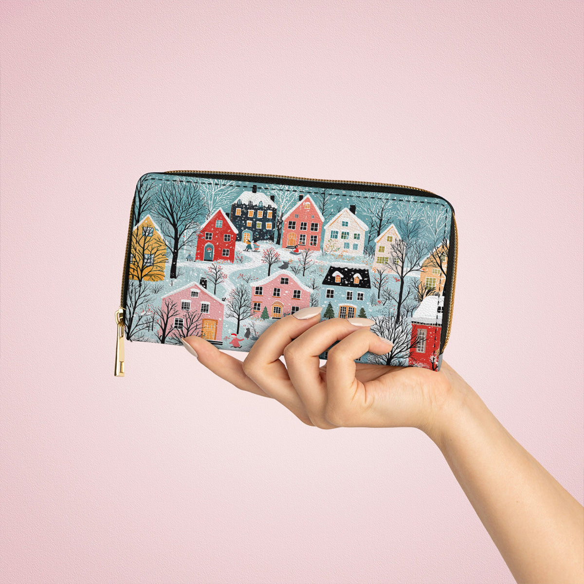  Leather Clutch Purse With Wristlet Strap Handle Christmas Winter Wonderland
