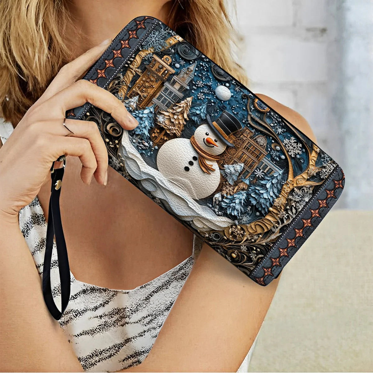  Leather Clutch Purse With Wristlet Strap Handle Frosty Night Cheer