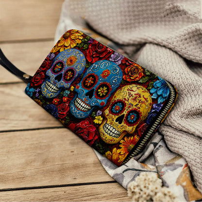  Leather Clutch Purse With Wristlet Strap Handle Floral Sugar Skull