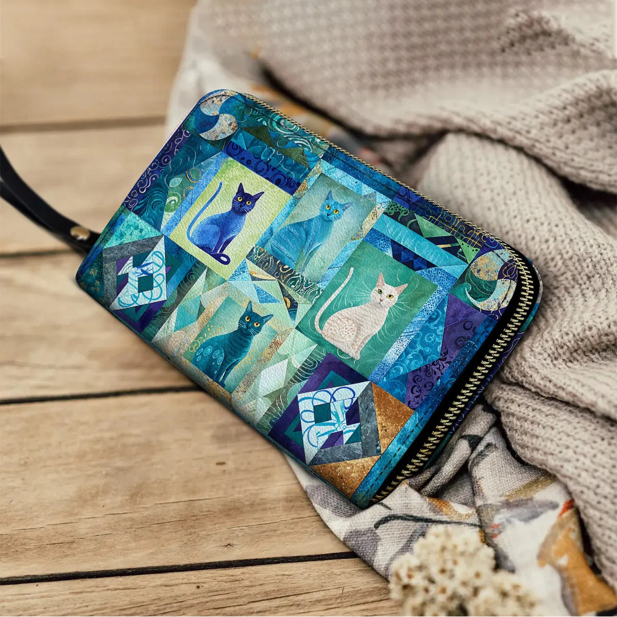  Leather Clutch Purse With Wristlet Strap Handle Mystic Cat