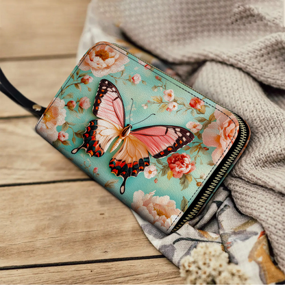  Leather Clutch Purse With Wristlet Strap Handle Ethereal Spring Butterfly